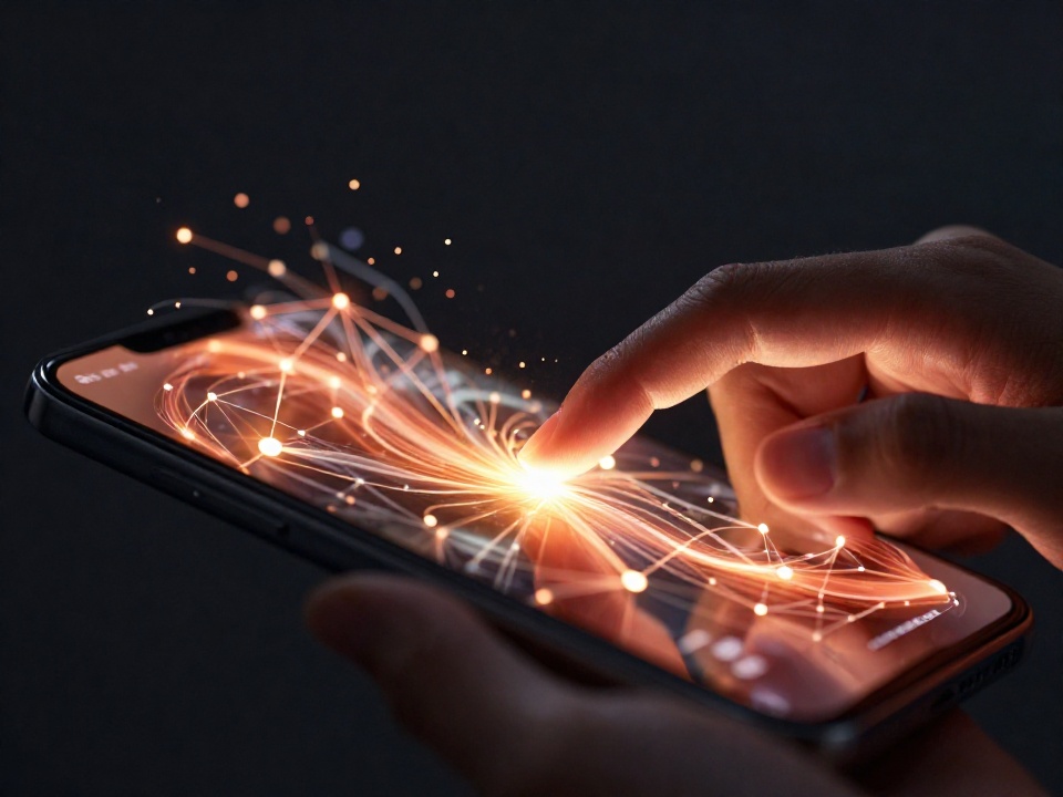 Макросъемка рук со смартфоном, на экране которого отображается абстрактная визуализация энергетических потоков и сетевых узлов — иллюстрация к статье об оптимизации комиссий в сети
