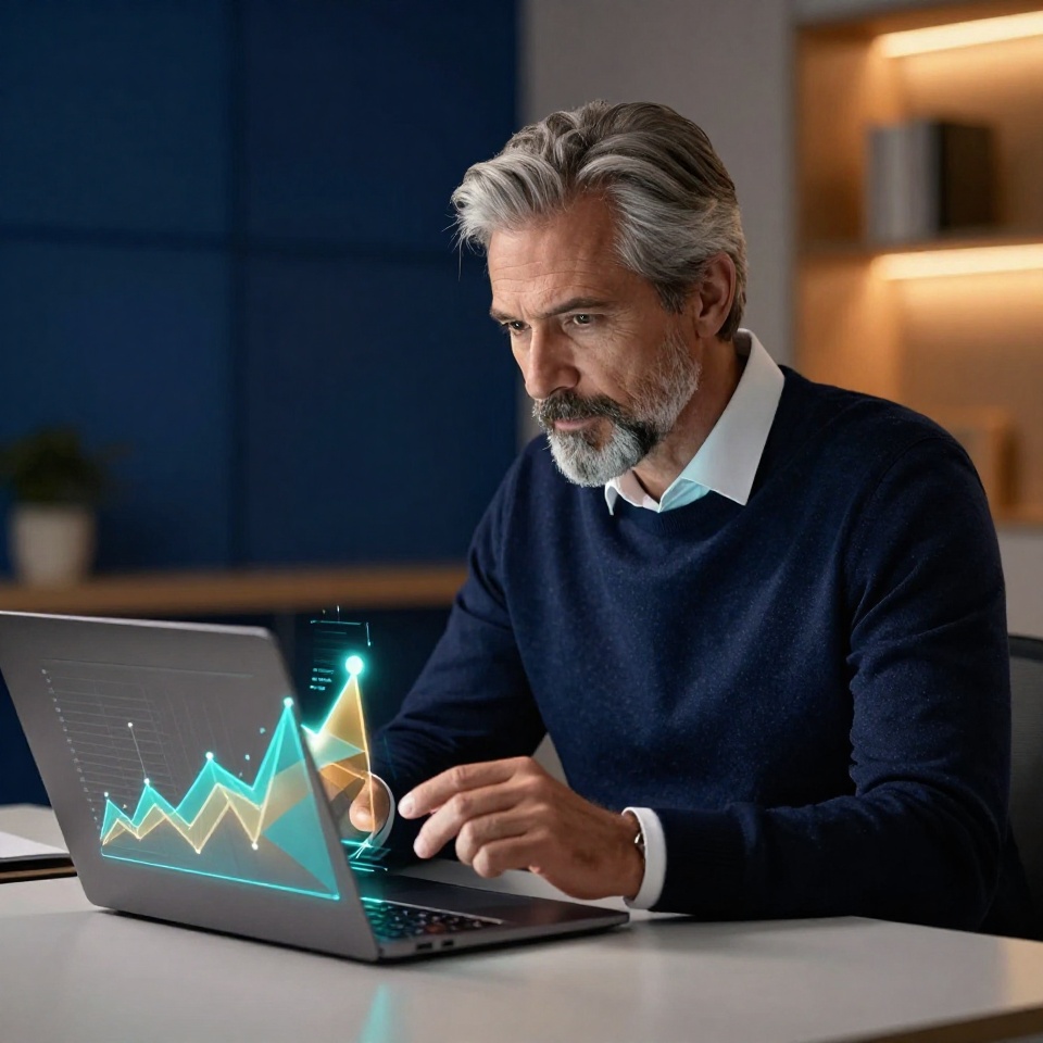 Зрелый бизнесмен с седыми волосами анализирует данные на ноутбуке в современном офисе, теплый кинематографический свет, момент профессионального озарения