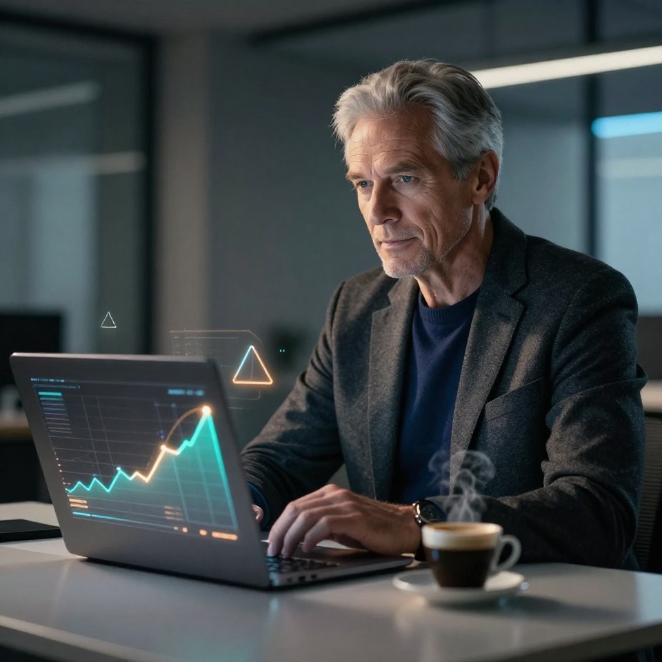 Зрелый бизнесмен с уверенным выражением лица анализирует яркую аналитику на экране ноутбука в современном офисе, теплый кинематографический свет, премиальный портрет