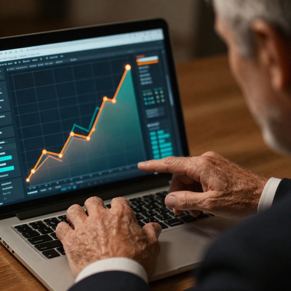 Взрослый предприниматель анализирует данные на ноутбуке во время аудита сайта, крупный план с теплым кинематографическим освещением