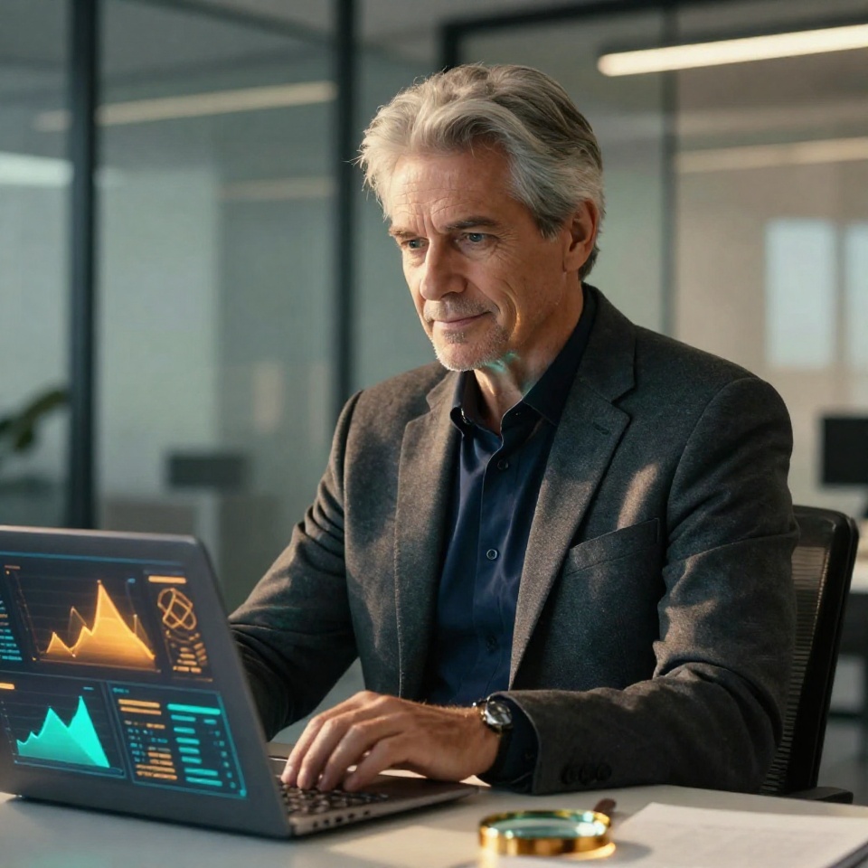 Зрелый бизнесмен анализирует данные на ноутбуке во время аудита сайта, теплый кинематографический свет, современный офис