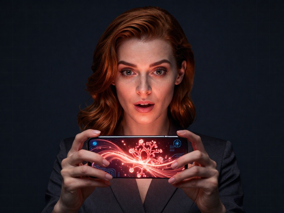 Женщина с телефоном смотрит на экран с визуализацией энергии TronLink, символизирующей снижение комиссий в сети TRON